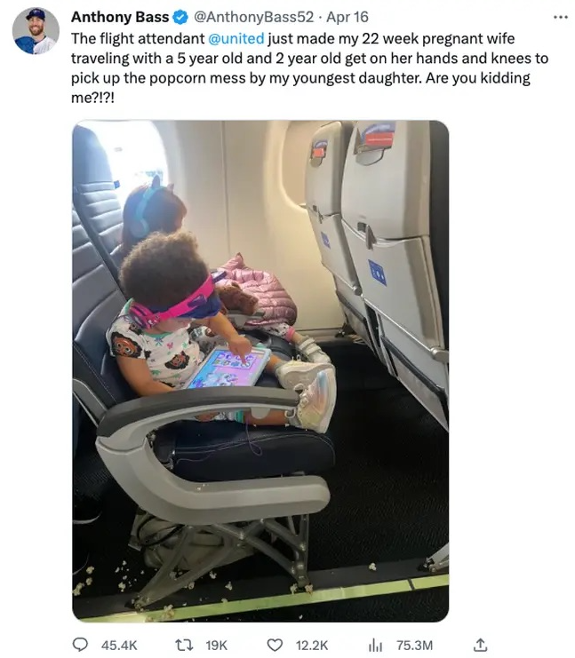 Kids popcorn mess on an airplane, father Anthony Bass complaining, who is going to pick up after the kids